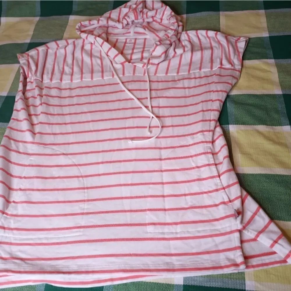 Talbots L Shrtslvs White with Red Strips Pockets Hooded Soft 95% Modal Women's